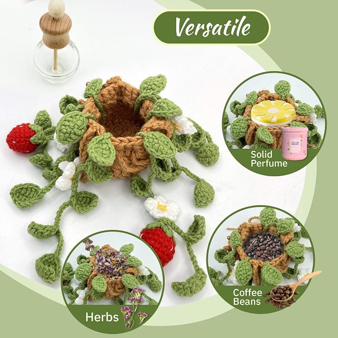 Crochet Car Air Freshener, 15ml Empty Refillable Oil Diffuser Bottle with Hanging Crochet Cute Plant for Car Rearview Mirror Decor Air Freshener Diffuser for Home and Office Decor(Two Strawberry)