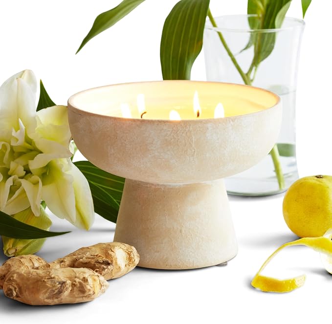 Blueme Happiness Candle | Yuzu & Ginger | 5 Wick - Refillable Wellness Candle with Essential Oils, Hand Finished & Poured Soy Wax Blend Ceramic Vessel, Natural Cotton Wicks | Large 24 oz