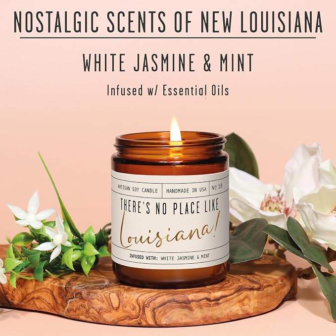 Louisiana Gifts, Louisiana Decor for Home - 'There's No Place Like Louisiana Candle, w/White Jasmine & Mint I Louisiana Souvenirs I Louisiana State Gifts I 9oz Jar, 50Hr Burn, USA Made