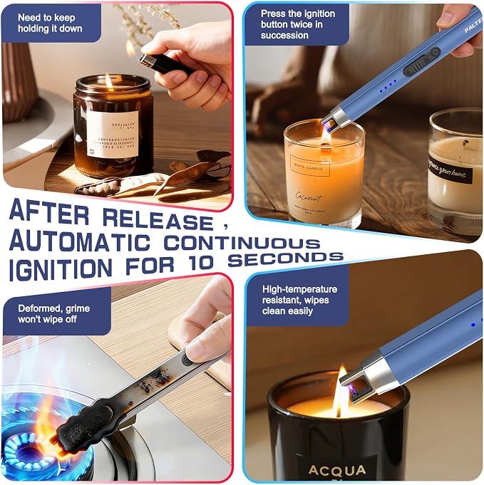 2 Pack Candle Lighter USB Rechargeable Electric Plasma Arc Lighters with Safety Lock, Windproof Flameless Long Lighters Matches for Candle, BBQ, Camping, Gas Stoves (Light Bule, Blue Gold)