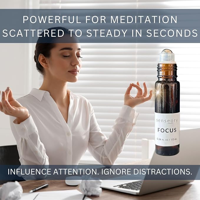 Focus Essential Oil Roll-On – Cedarwood, Vetiver, Rosemary, Lemon & Peppermint Blend – Natural Aromatherapy for Mental Clarity, Concentration & Productivity – 10ml Roll-On