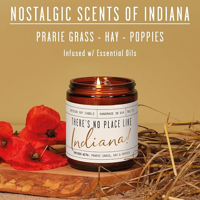 Indiana Gifts, Indiana Decor for Home - 'There's No Place Like Indiana Candle, w/Prarie Grass, Eucalyptus, Hay & Poppies I Indiana Souvenirs I Indiana State Gifts I 9oz Jar, 50Hr Burn, USA Made
