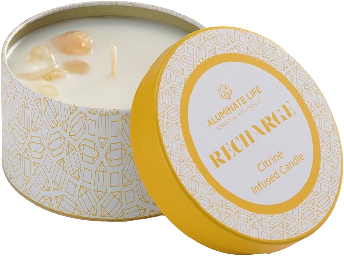 Luxury Candle Tin, 4 OZ, Recharge - Citrine Crystal Infused - Scents of Lemongrass, Geranium, and Basil - Happiness, Manifestation, & Abundance - Coconut Wax Blend, Essential Oils