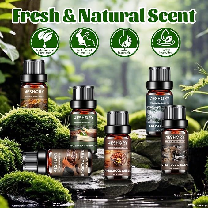 Wood Essential Oils Set, Woody Scent Fragrance Oil Kit, Aromatherapy Oils for Diffusers (6 * 10ML), Sandalwood &Vanilla, Forested Fir,Palo Santo&Mahogany,Cedar & Amber, Oud &Balsam,Hickory&Suede