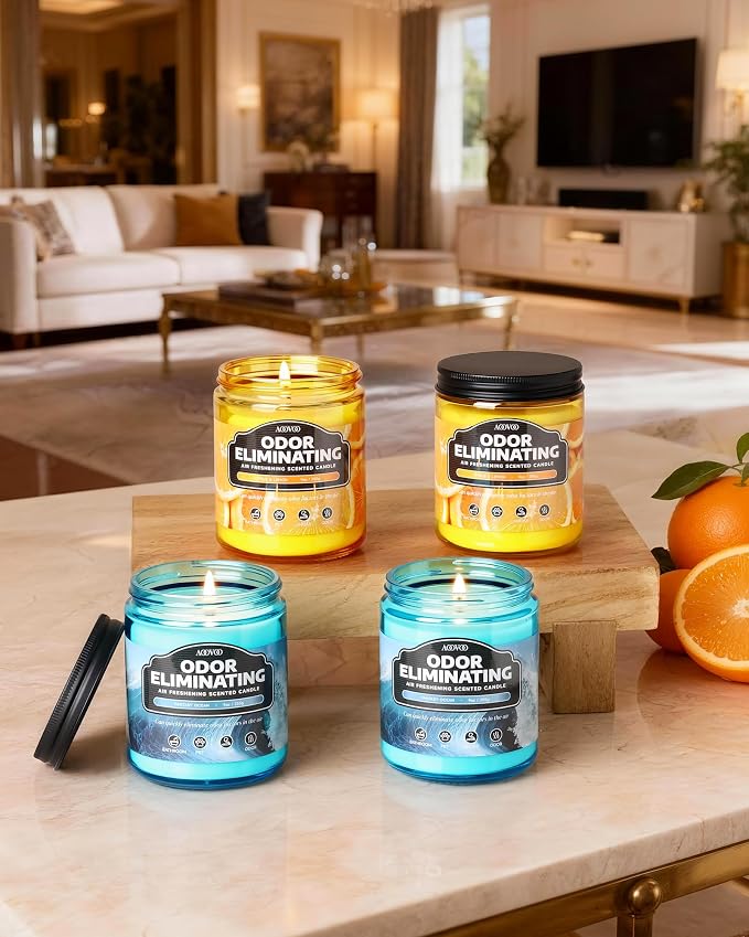 AOOVOO 4 Pack Citrus Lemon/Fantasy Ocean Odor Eliminating Highly Fragranced Candle - Eliminates 95% of Pet, Smoke, Food, and Other Smells Quickly, Non Toxic Air Freshing Soy Candle