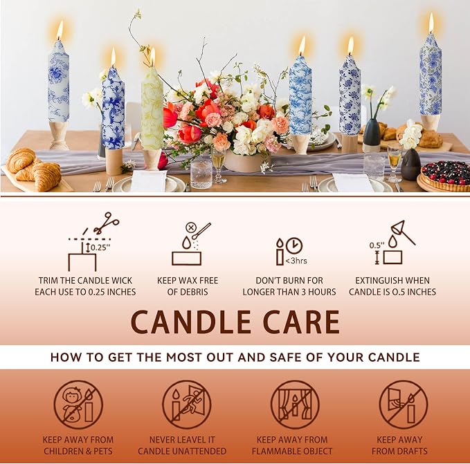 5 inch Short Candle Floral Candle Sticks Seashell Printed Candles Stick Handmade Unscented Taper Candle 4 Pack Flower Tapered Candles for Evening Wedding, Bohemian Seaside Theme Home Decor