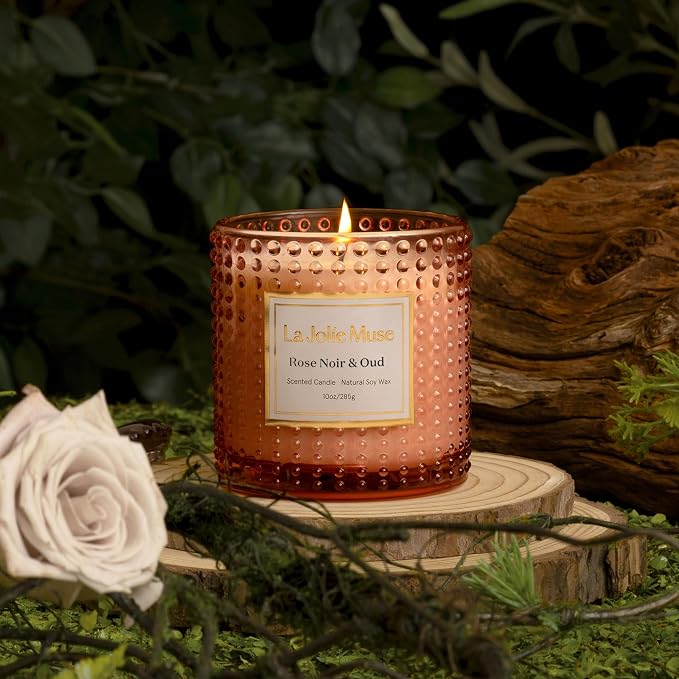 LA JOLIE MUSE Rose Noir & Oud Scented Candles for Home, Natural Soy 55 Hrs | Luxury Jar Candle, Floral Pink Candles, Clean Non Toxic, Decorative Candle for Candle Warmer, Gift for Women, Sandalwood Rose