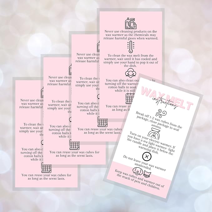 Wax Melt Care Instruction Cards | 50 Pack | 2x3.5” Business Card Wax Melt Supplies Homemade Customer thank you for Warmer Minimalist White and Pink How To Care for wax cube clamshell wickless candle
