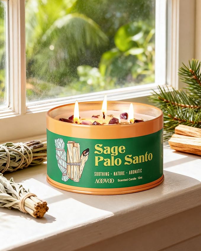 AOOVOO Sage & Palo Santo Candle for Cleansing - 3 Wick 12oz Large Scented Candle with Crystals & Sage & Palo Santo Inside, Soy Candle Non-Toxic for Meditation Spiritual Healing Gift