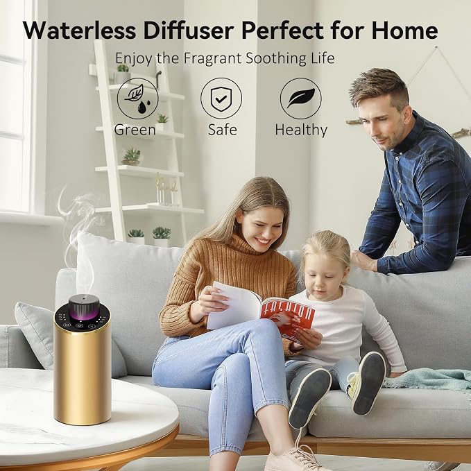 Waterless Essential Oil Diffuser Aromatherapy Scent Diffusers for Home Large Room, Bedroom, Car, Office, Desk, Battery Operated Mini Portable Air Freshener, 3 Countdown Timers & 3 Mist Levels, Gold