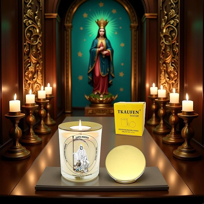 White Santa Muerte Candle 50 Hours│Natural Soy Wax│Purity, Divine Guidance, Peace, Mental Clarity, Fresh Start, Negative Energy Cleansing Ritual, Spiritual Protection │Design in Mexico City│3“×3.6”
