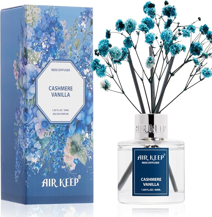 Airkeep Reed Diffuser Set,1.69 fl oz (50 ml) - Cashmere Vanilla Oil Diffusers with 8 Reed Sticks,Home Fragrance Reed Diffuser for Bathroom Shelf Decor