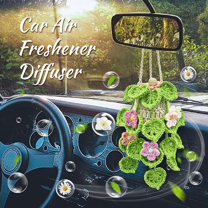Crochet Car Air Freshener, 15ml Empty Refillable Oil Diffuser Bottle with Hanging Crochet Flowers Plant for Car Rearview Mirror Decor Air Freshener Diffuser for Home, and Office Decor(Flowers)