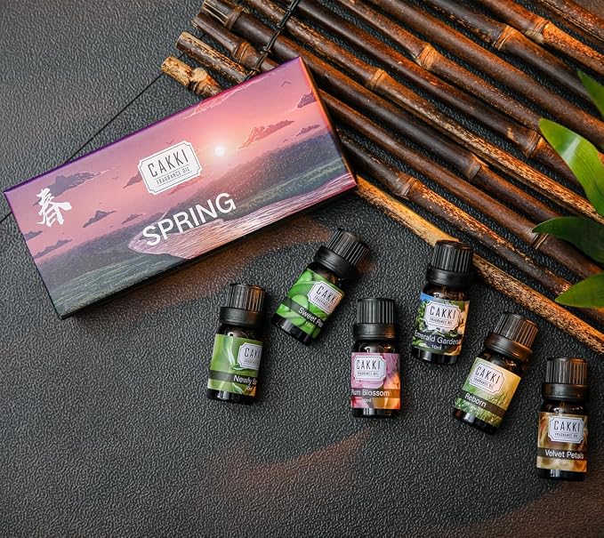 CAKKI Essential Oils for Diffusers for Home,Spring Fragrance Oils Set of 6x10ml, Sweet Pea,Emerald Gardenia,Plum Blossom,Newly Born,Reborn,Velvet Petals,Aromatherapy Oils,for Candles Making