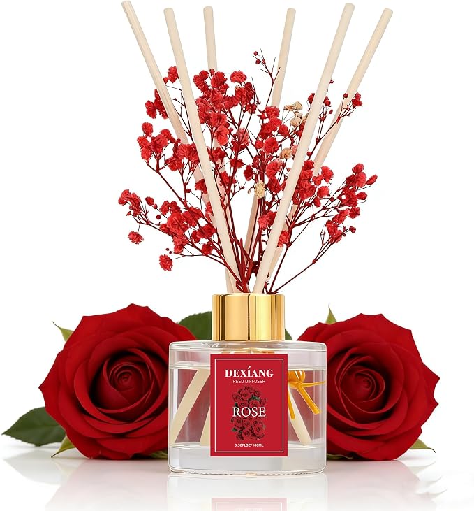 Reed Diffuser Set - 3.38 fl oz Rose Premium Scented Oil with Preserved Baby's Breath & Cotton 6 Sticks | Long-Lasting Aromatherapy for Home, Bedroom, Bathroom, Office Home Decor
