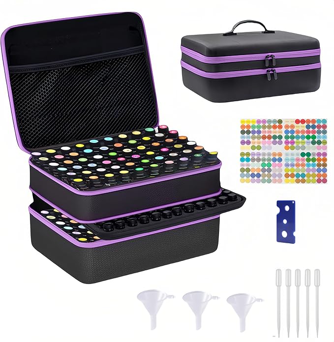 204 Slots Essential Oil Organizer Case, Hard Shell Storage Box for 1ml-15ml Bottles, Extra Large Double Layer Portable Travel Bag for Aromatherapy Vials & Peptides, Black with Purple