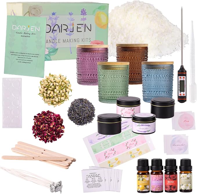 DARJEN Candle Making Kits for Adults- Candle Making Supplies with 4 Candle Jars(Amber, Purple, Blue, Green), Candle Tins, Soy Wax, Scents, Dried Flower & More, DIY Starter Candle Making Kit Home Decor