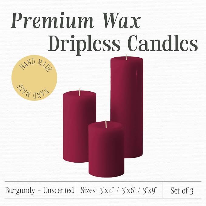 Mister Candle Unscented Dripless Pillar Candles Set of 3, Hand Poured 3 Inch Candles, Premium Wax, Decorative Pillar Candles, (3" x 4", 3" x 6", and 3" x 9", Burgundy)