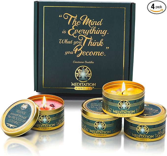 Meditation Candles with Crystals | Natural Aromatherapy Candles for Relaxation & Healing | Stress Relief Candles for Yoga, Meditation & Self Care | 5oz Each 4 Pack Gift Set