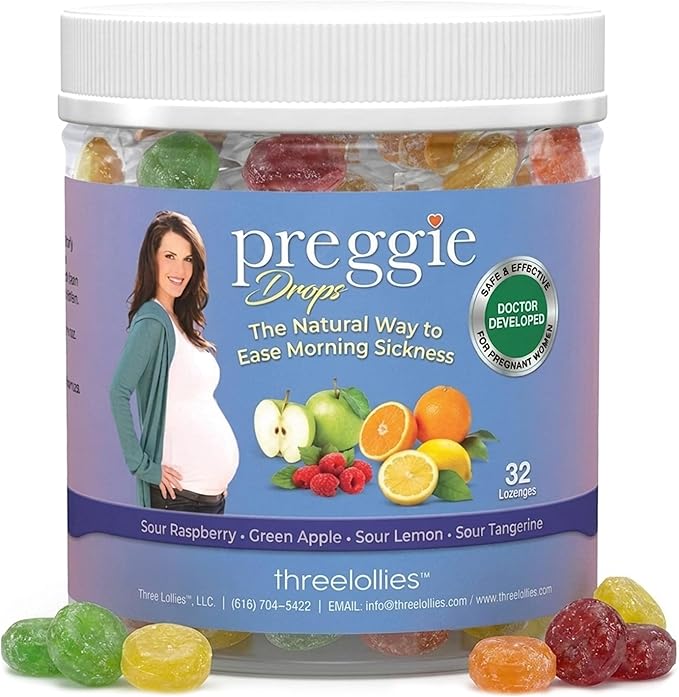Preggie Drops Pregnancy Nausea Lozenges with Essential Oils & Fruit Extracts, Morning Queasiness Lozenges for Pregnant Women, Natural Sour Drops Variety Pack, 32 Count
