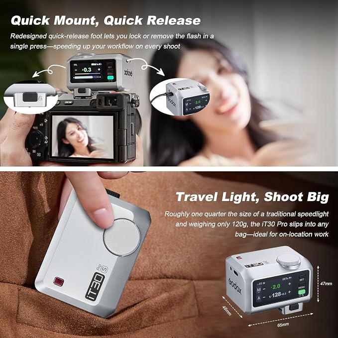 Godox IT30 Pro S TTL Mini Flash for Sony with Diffuser—Use for Flash ＆ Trigger,HSS 1/8000s,2.8" Full-Color Touchscreen,2.4G Wireless X System,560 Full Power Flashes(Silver)