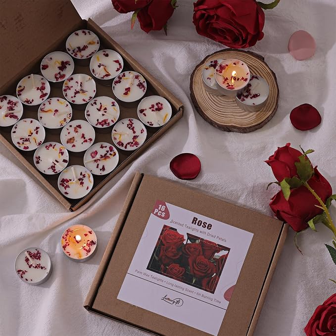 16 Pcs Rose Scented Tealight Candles, 6H Long Burning - 100% Palm Wax Based Scented Tea Lights with Dried Flowers, Non-Toxic/Smokeless Scented Tea Lights Candles for Spa, Bath, Wedding, Valentine