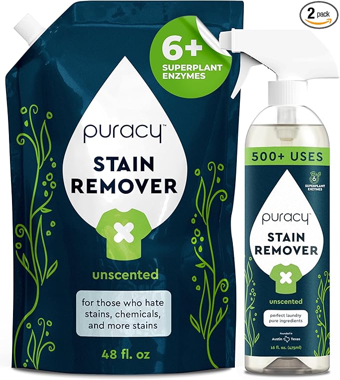 Puracy Stain Remover, Travel and Laundry Stain Cleaner for Clothes, Baby Essentials, Kids Stains, Oil and Fabric Spot Cleaner, (Stain Remover Spray and Refill, 64 fl oz)