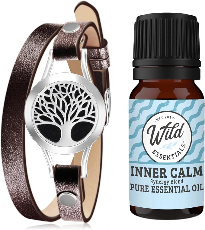 Wild Essentials Brow Tree of Life Diffuser Wrap Bracelet Kit – Adjustable 5"–7.5" Leather + 316L Stainless Steel Locket, 12 Color Pads (17mm) – Includes Inner Calm (1 x 10ml)