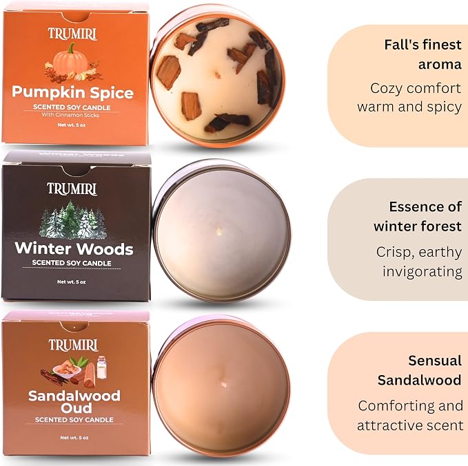 Winter Woods, Pumpkin Spice, Sandalwood Oud - Soy Candles Non Toxic - Highly Scented Long Lasting with Essential Oils - Variety Pack of 3 x 5oz - for Home Aromatherapy Meditation Gift Travel
