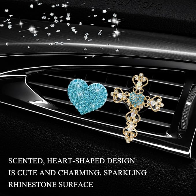 2 PCS Bling Car Vent Clip, Crystal Rhinestone Cross and Heart Car Air Fresheners Vent Clips, Diamond Car Air Conditioner Outlet Decoration Charm for Women, Car Accessories (Blue)