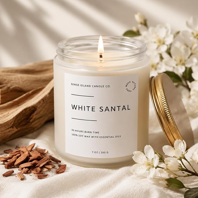 White Santal Scented Candle for Home | Natual Soy Wax | 50 hrs Burn Time | Hand Poured in Small Batches | Premium Fragrance