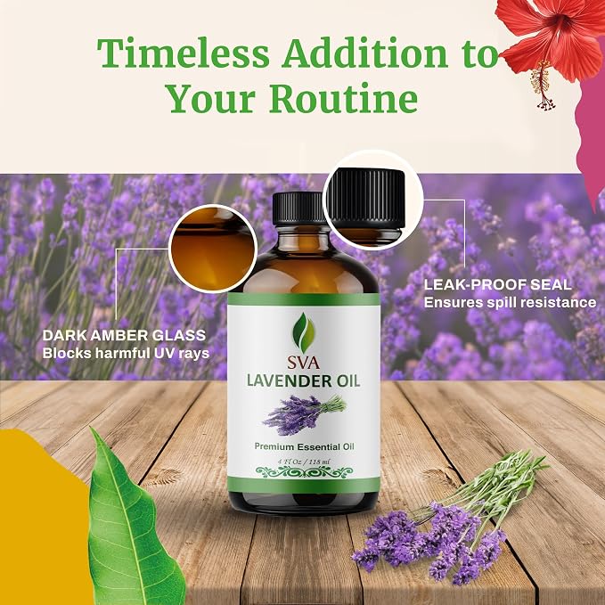 SVA Lavender Essential Oil 4 Fl Oz – for Diffuser, Skin & Hair Care – Ideal for Massage & DIY Blends – with Dropper