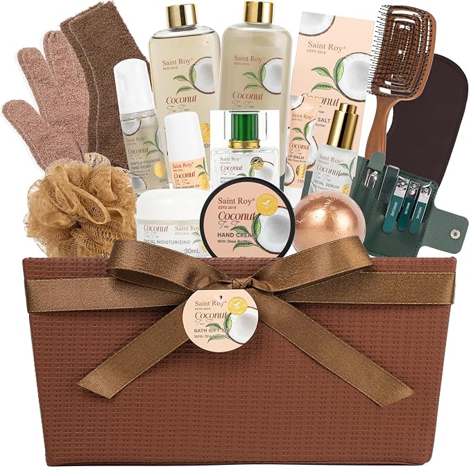 30 Pcs Bath and Body Gift Basket Set for Women & Men, TEA TREE COCONUT Face Skin Care Kit, Self-Care Gift, Pamper Kit, Foam Hand Soap, Nail Manicure Care Set, Birthday, Christmas, Mother, Husband