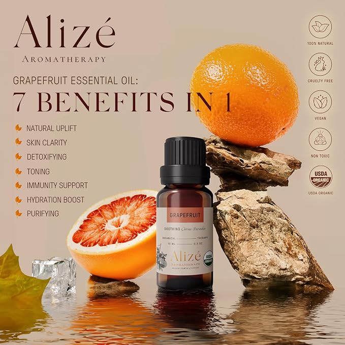 Organic Grapefruit Essential Oil, USDA Certified Organic 100% Natural & Pure Essential Oils for Diffusers for Home, Aromatherapy Oils, Diffuser Oils Scents, Energizing, 10ml-0.33 fl oz