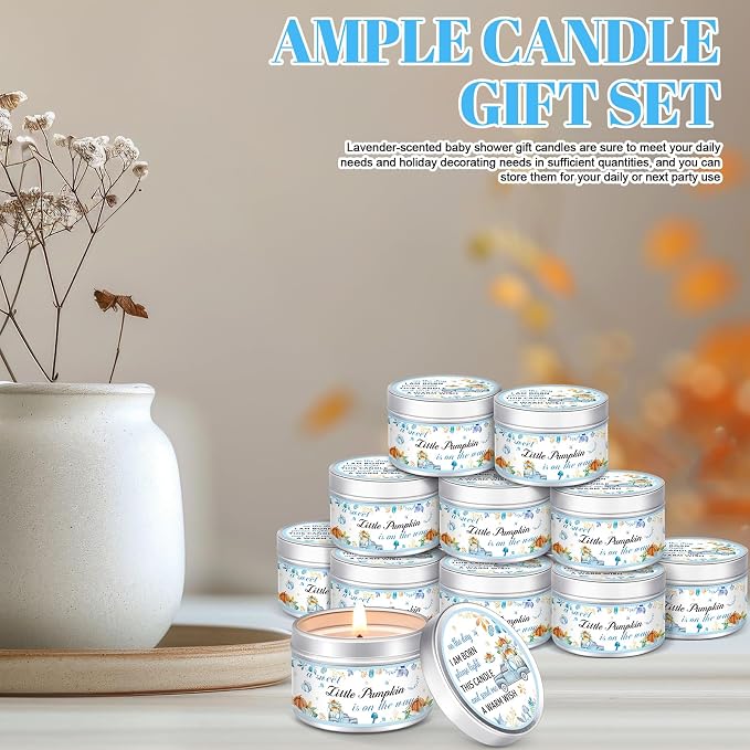 MTLEE 24 Pcs Thanksgiving Little Pumpkin Baby Shower Party Favors Candles Lavender Scented Baby Shower Favors for Guests Rustic Tealights Candles Gender Reveal Return Gifts(Blue, 1.2 Oz)
