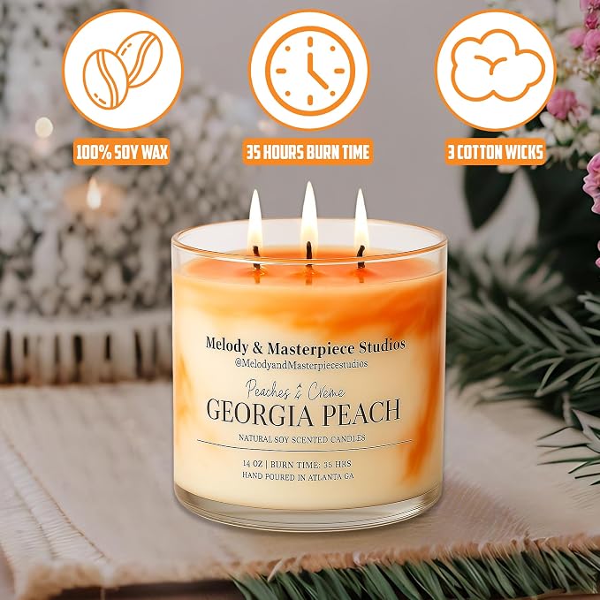 Melody & Masterpiece Studios Scented Candle Jar (14.5oz) – Natural Soy Wax Candle Jar with Lid – Long-Lasting 35 Hours Burn Time – Ideal for Backyard, Patio, Decks & Indoor (Georgia Peach).