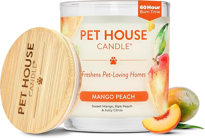 Pet House Plant-Based Pet Odor Candles, Clean Burning, Long Lasting Candle, 60 Hour Burn Time with a Natural Fiber Wick - Mango Peach
