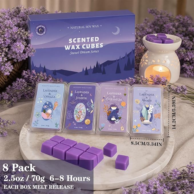 SCENTORINI Wax Melts, Soy Wax Cubes Strong Scent, Lavender Essential Oil Scented for Sleep, Summer Scents Wax Melts for Warmer Gift Set, 10 oz 4-Pack - Lavender & Amber, Juniper, Geranium, Vanilla
