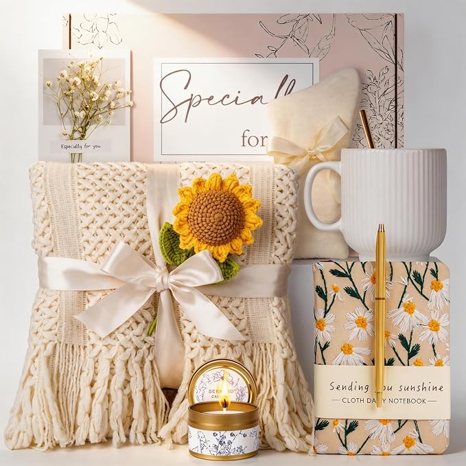 Birthday Gift Baskets for Women, Get Well Gifts for Women, Care Package Self Care, Thank You, Sympathy Friendship Sending Sunshine Sunflower Gift Basket for Mom, Grandma, Sister, Friends, Girls, Her