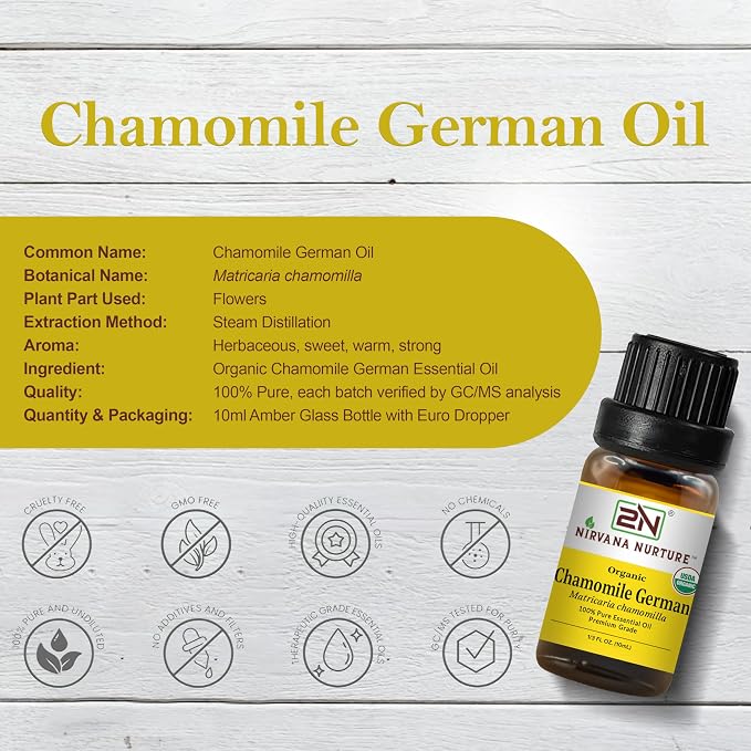 Chamomile German Essential Oil USDA Certified Organic, 100% Pure Natural Premium Grade, Undiluted- Aromatherapy Diffuser for Calm and Relaxation, Skin Care, Hair Care
