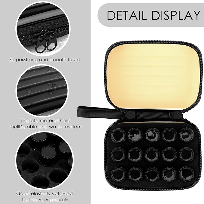 2Pcs Mini Essential Oil Bottle Case with 30 Empty 2ml Vials, Travel Storage Organizer Box for Essential Oils, Compact Aromatherapy Holder for Home, Travel & Outdoor Use (15 Slots) (Black)