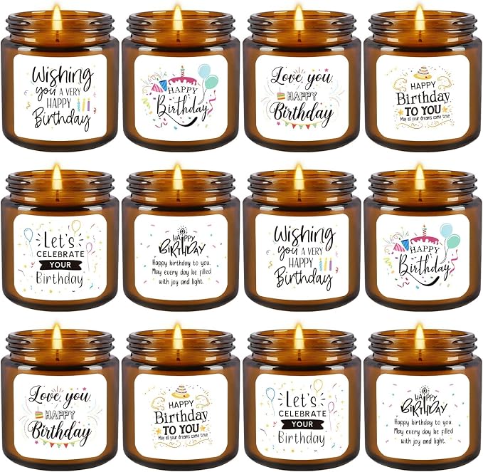 12-Pack Birthday Scented Candles, 3.05 oz Each, Natural Soy Wax, Long-Lasting Romantic Fragrance, Funny Happy Birthday Gift Set, Unique Gifts for Women Men, Gift-Ready