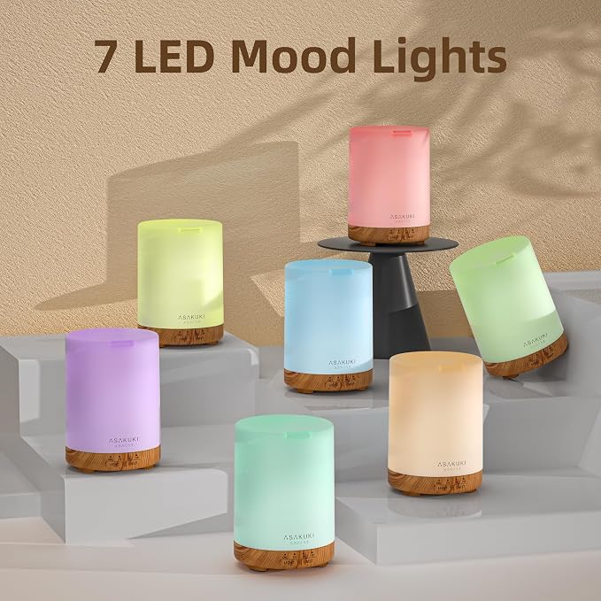 ASAKUKI Essential Oil Diffuser for Home, 300 ml Aromatherapy Diffuser with 6 Essential Oil Sets, Automatic Shut-Off, 7 LED Lights for Living Room, Kitchen, Bedroom, Hotel - Brown with Oils