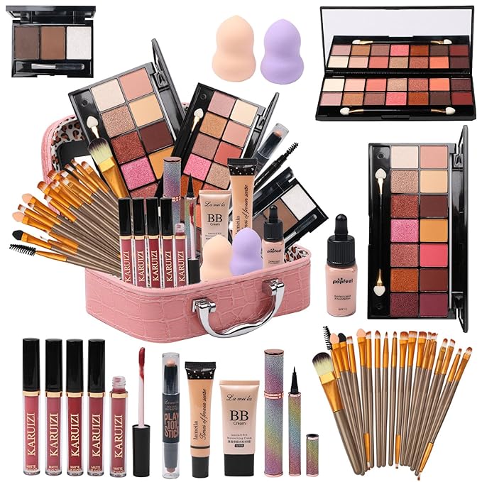 MTDXILTAI All in One Makeup Kit for Makeup storage bag 2X14 Colors Eyeshadow Palette Liquid Foundation Eyeliner Pencils Contouring Stick 20Pcs Make up Brushes For Women Girls Teens (Pink)