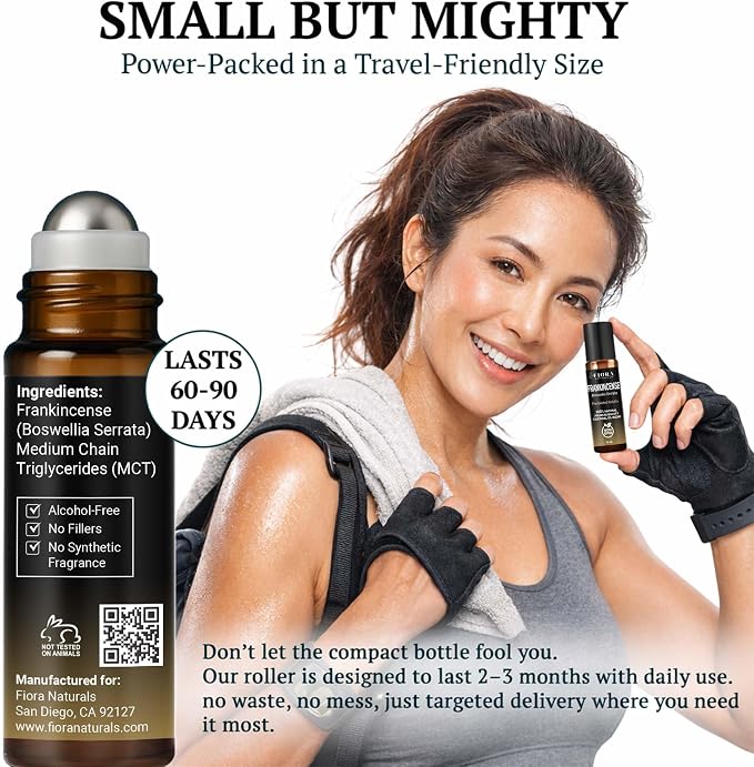 Frankincense Roll On – Pre-Diluted Frankincense Oil Essential Oil for Joints, Muscles & Skin Care, Aromatherapy Roller, Frankincense Roller Ball, Fast Absorbing Formula by Fiora Naturals