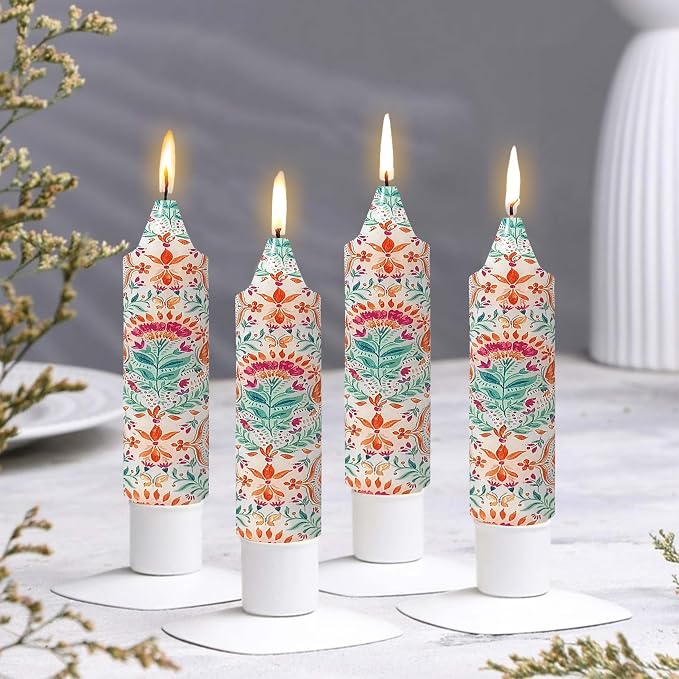 5 inch Short Candle Floral Candle Sticks Printed Candlestick Handmade Unscented Taper Candle 4 Pack Retro Flower Tapered Candles for Home Dinner Wedding Holiday