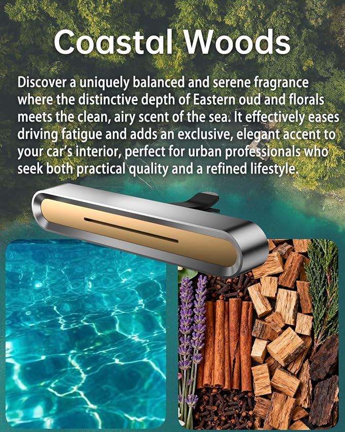 Car Diffusers for Essential Oils,Car Fragrance Diffuser Vent Clips, Includes 4 Scented Essential Oil Sticks and 6 Unscented DIY Refill Sticks (Golden, Coastal Woods)