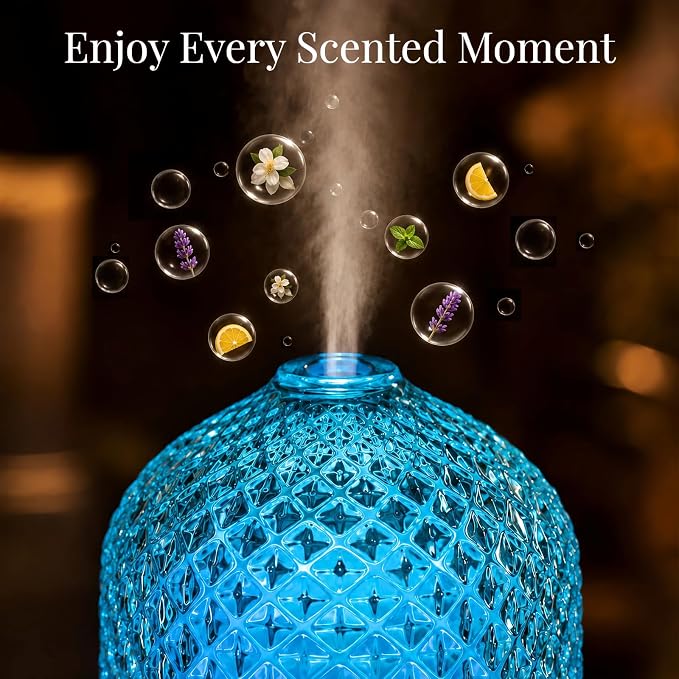 Essential Oil Diffuser, 120ML Glass Aromatherapy Diffuser with 7 Color Lights & Timer, Ultrasonic Small Humidifier with Auto Shut-Off for Home Office Bedroom (Glass-Diamond)