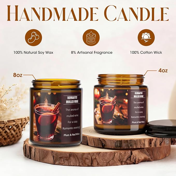 Mulled Wine Plums Candles for Romantic Gifts, 40 Hours Burn Soy Candle Gift for Women Stress Relief, Meditation, Yoga, Relaxing, Natural Soy Wax for Men and Women, 8oz
