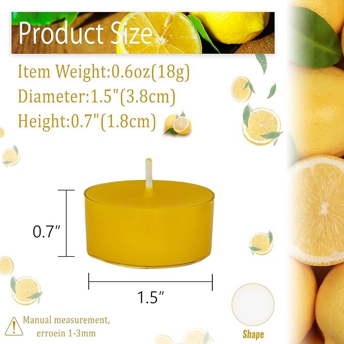 Tea Lights Yellow Tea Candles Set of 24 – Tealight Candles with Lemon Scent, Long Burning Handmade Tealights for Wedding Meditation Home Decor Gift